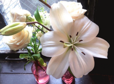 White Lilies in Pink Glass Vase