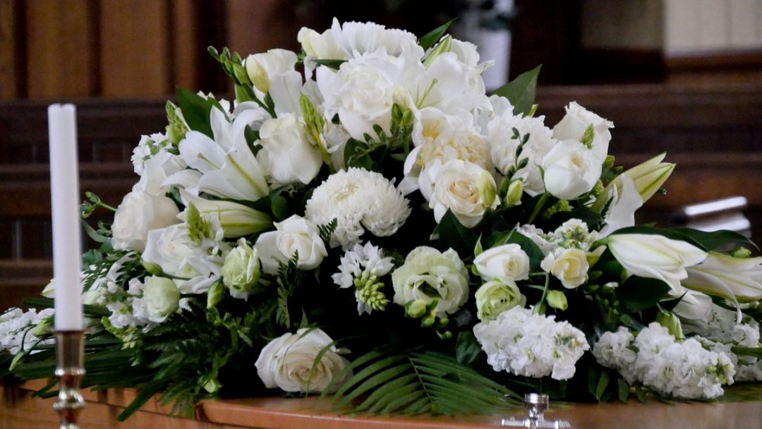 Funeral Bouquet Purple White Flowers Sympathy And Condolence