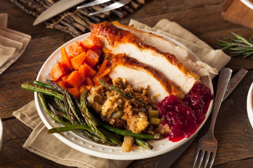 Virtual Thanksgiving food. Plate with assortment of thanksgiving food