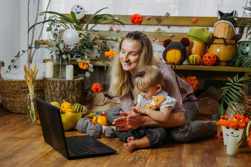 Mother and daughter giving thanks during virtual thanksgiving video-call