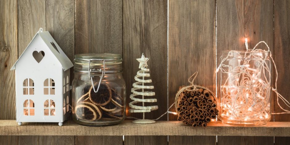 Holiday decor on a wood backdrop