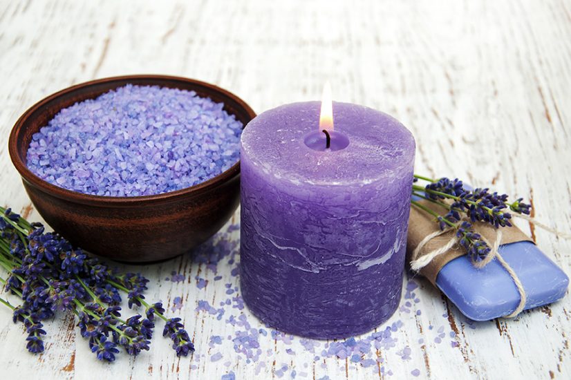 Purple aromatherapy candle with lavender and soap