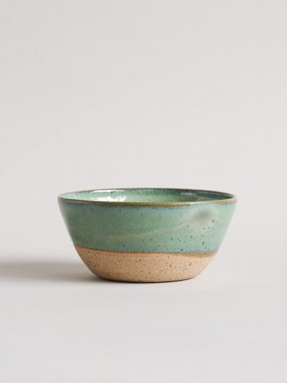 artisanal soup bowl in turqoise and taupe