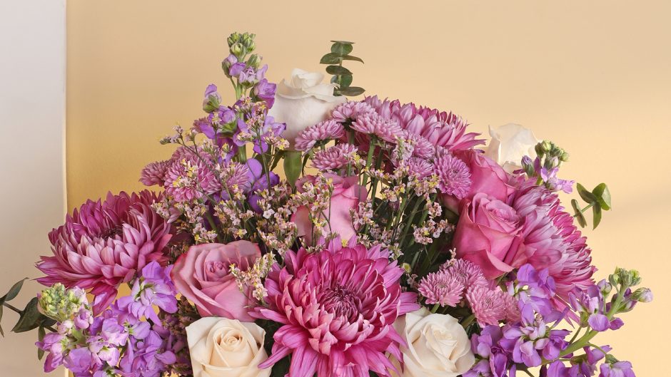 bouquet with pink, lavender, purple and white flowers