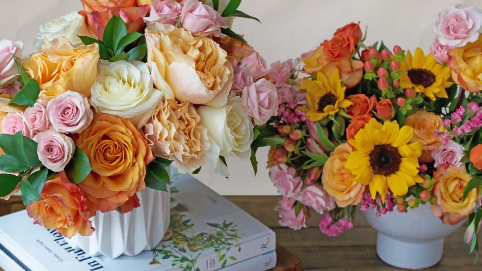 two yellow, orange, pink and pastel flower bouquets