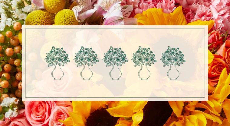 A background image of colorful flowers with the headline "The Classic" overlaid on top with an illustration of five full-size bouquets.