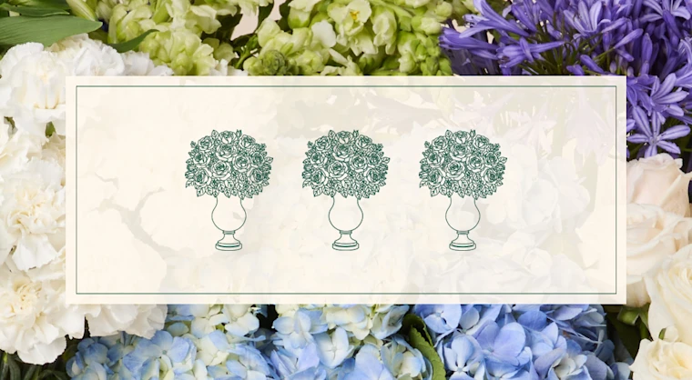 A background image of colorful flowers with the headline "The Headturner" overlaid on top with an illustration of three large-sized centerpiece bouquets.