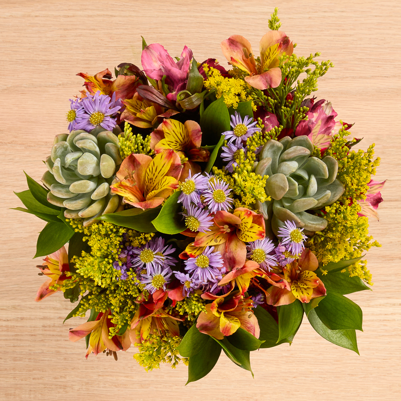colorful alstroemeria, purple aster, yellow solidago and succulent bouquet
