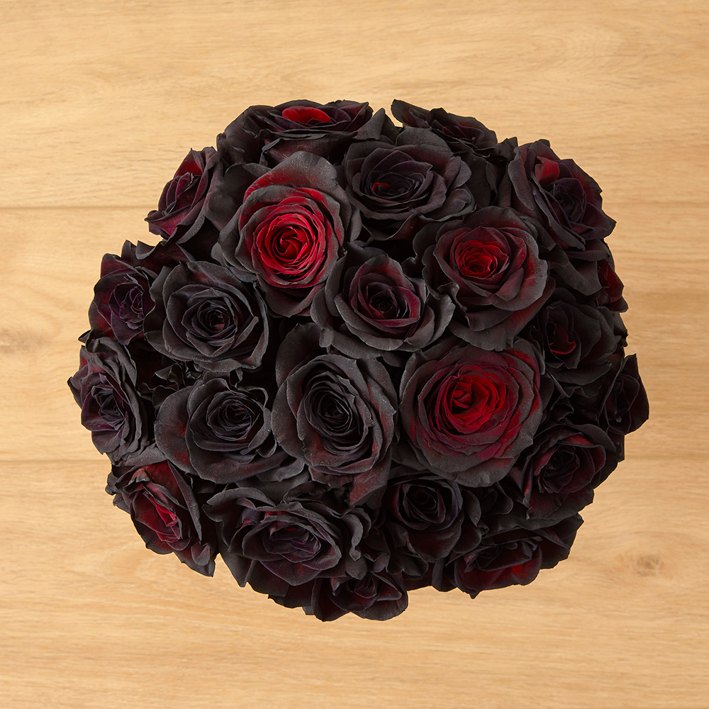 An arrangement of black roses.