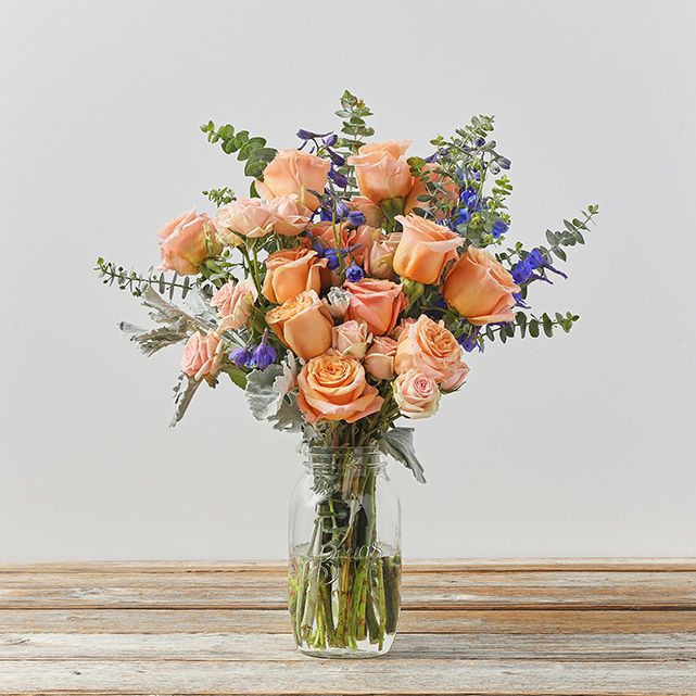 Blue Delphinium + Peach Roses - The Bouqs Co.