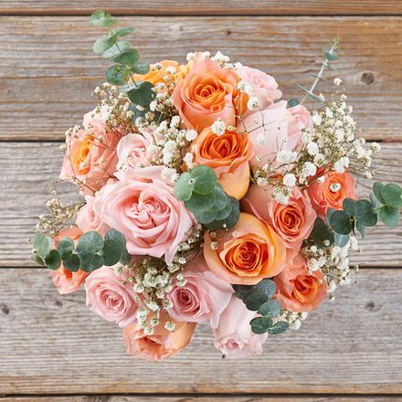 Peach and Orange Roses with Gypsophila Bouquet