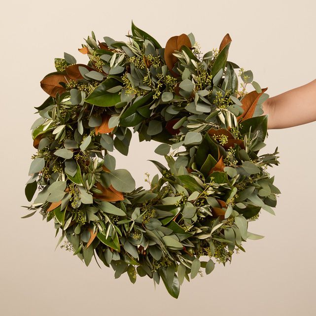 Fresh Wreath Made with Magnolias, Olives and Seeded Eucalyptus