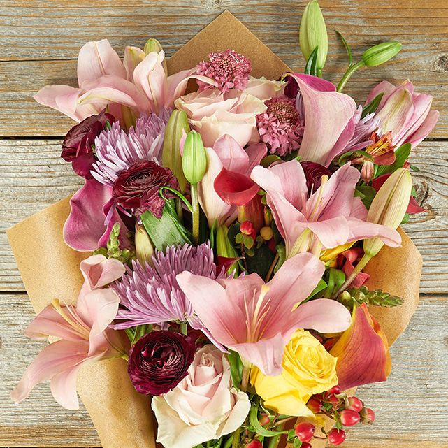 Floral Display with Pink Roses, Lilies, and Scabiosa - The Bouqs Co.