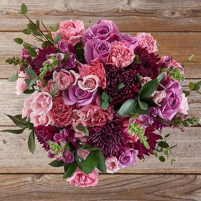 Purple Mums, Roses and Pale Pink Spray Roses The Bouqs Co.