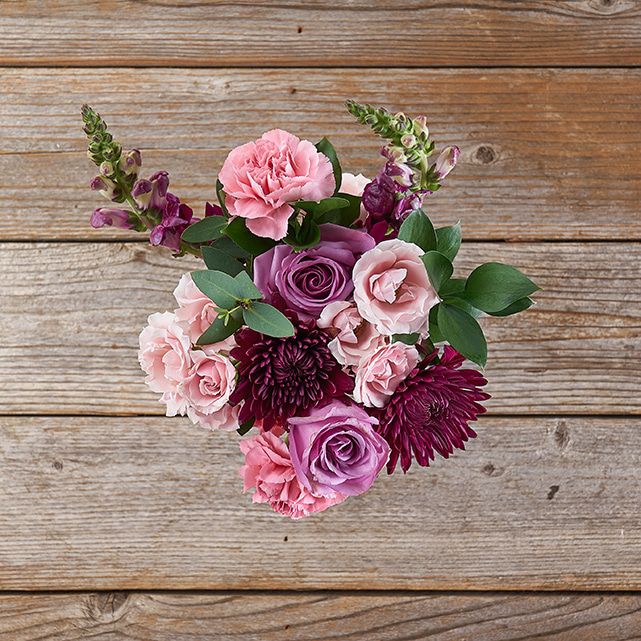 Purple Mums, Roses and Pale Pink Spray Roses The Bouqs Co.