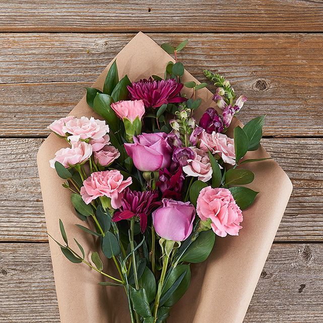 Purple Mums, Roses and Pale Pink Spray Roses The Bouqs Co.