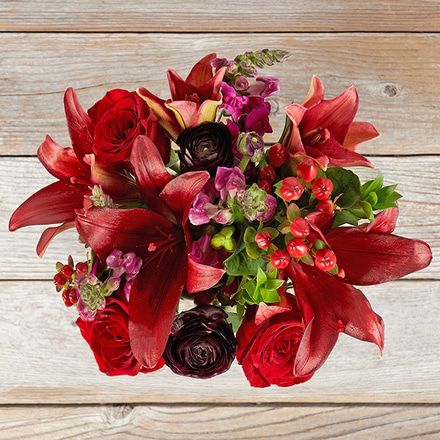 Red Lilies, Roses, and Burgundy Ranunculus - The Bouqs Co.