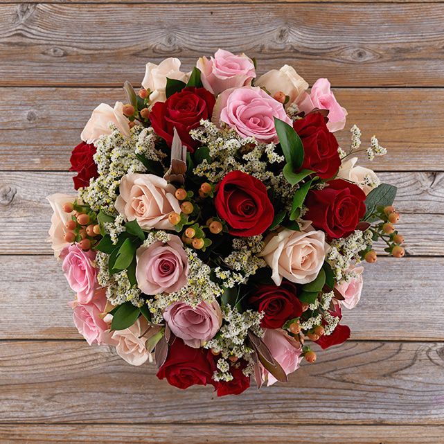 Bouquet of Red, Pink and Peach Roses - The Bouqs Co.