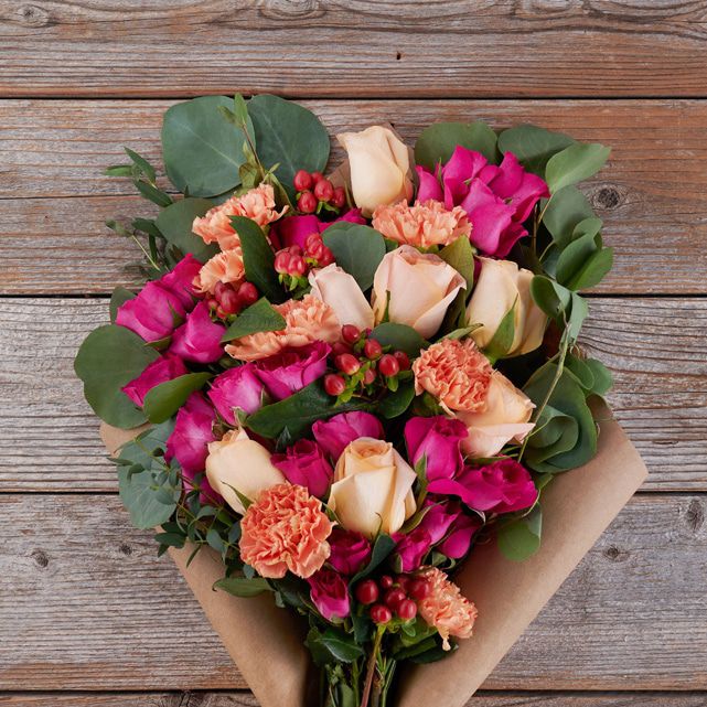 Pink Roses, Orange Carnations and Berries - The Bouqs Co.