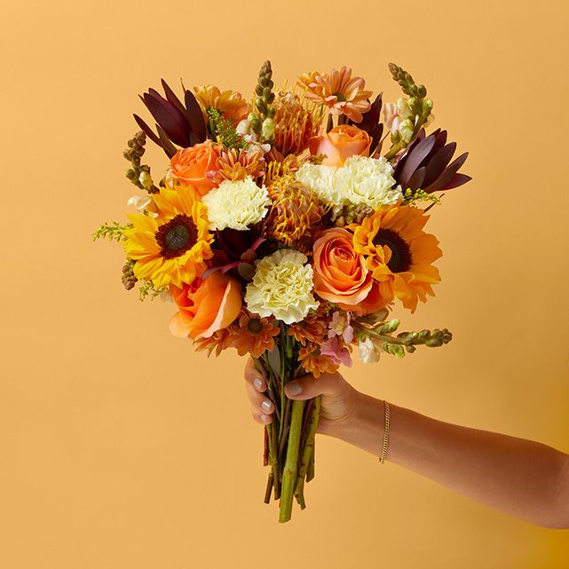 Sunflower + Peach Roses, Carnations + Safari Sunset & Pincushion with