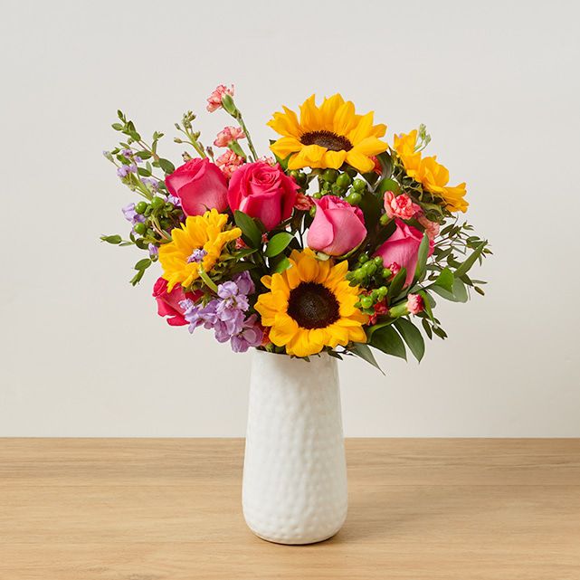 Sunflowers, Dark Pink Roses and Berries Mix - The Bouqs Co.